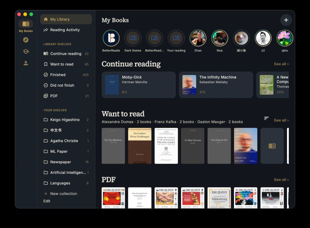 BetterReads Mac app — library sidebar, continue reading, and PDF shelf